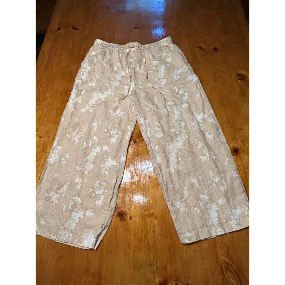 DKNY Pure 100% Linen Boho Chic Wide Leg Drawstring Pants Tan White Tie Dye Print - Picture 9 of 10